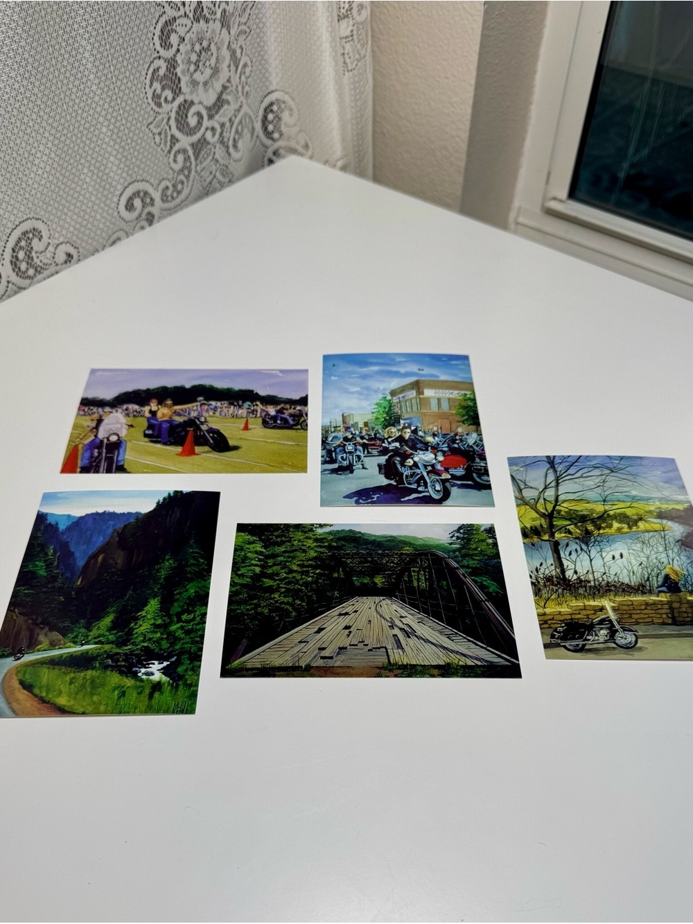 Lot of 5 Vintage Michelle Koppien-Kruse Motorcycle Art Postcards, Pristine
